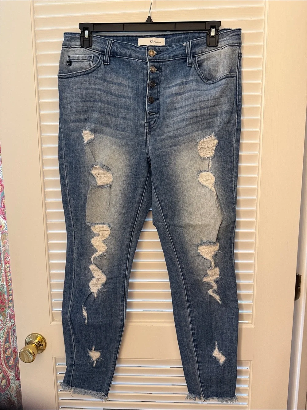 KanCan Distressed Button-Fly Skinny Jeans in Blue